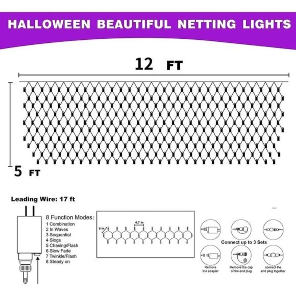 Halloween Purple Orange 12ft x 5ft 8 Modes 360 LED Net‎ Lights